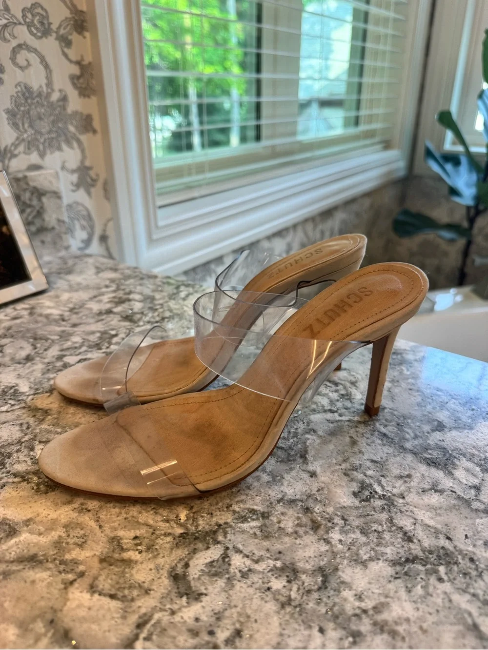 SCHUTZ Clear Strap Nude Leather Mule Heels